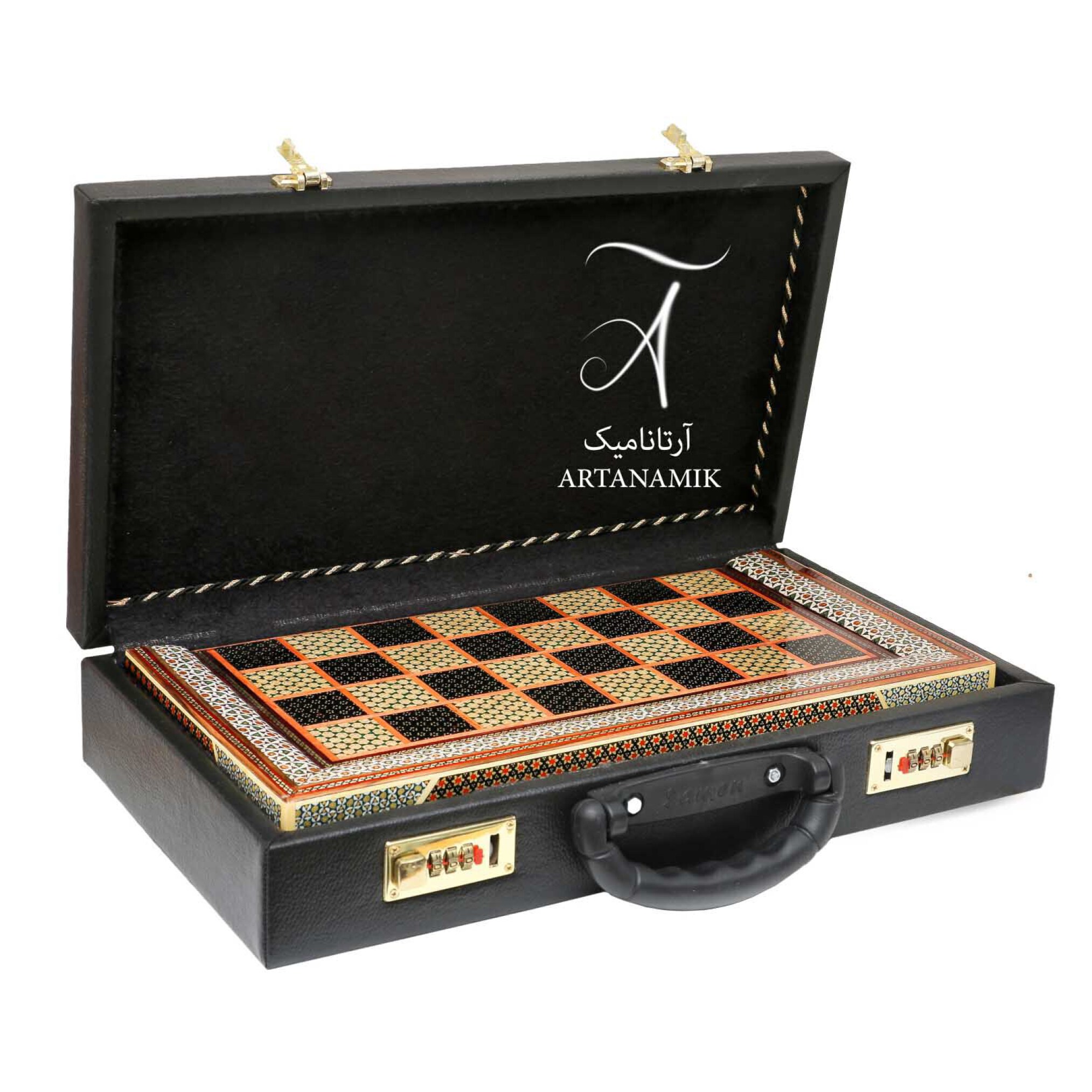  تخته نرد خاتم کاری و شطرنج شیراز طرح پرکار به همراه کیف 