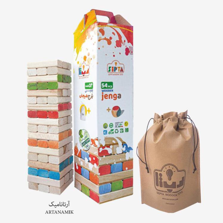بازی فکری جنگا رنگی همراه با تاس و کیسه مخصوص