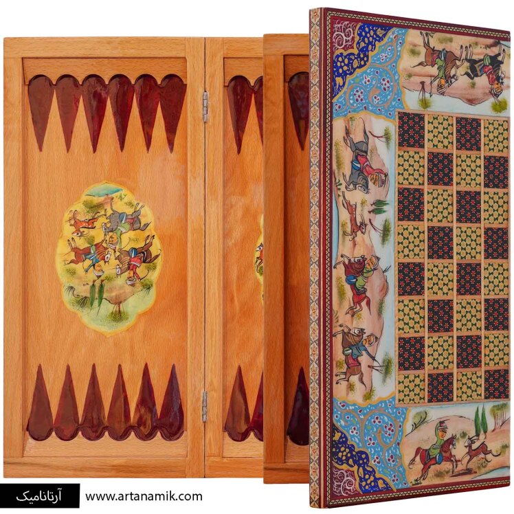 تخته نرد خاتم کاری شده بیرون شطرنج طرح چوگان و شکارگاه 