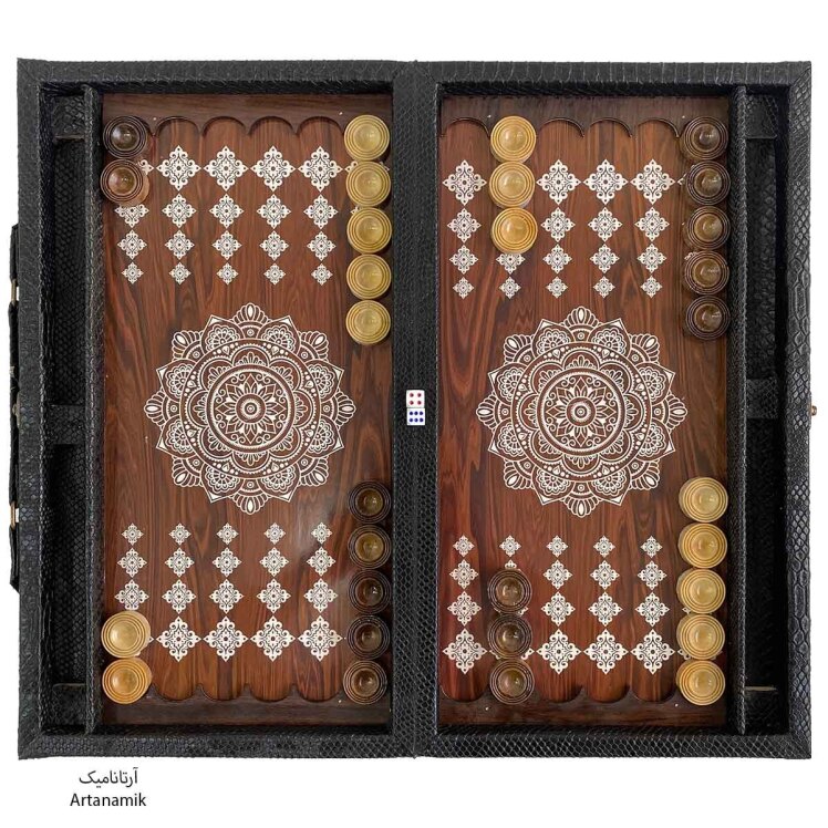 تخته نرد چرمی مشکی پوست مار طرح برف همراه با جای مهره | آرتانامیک