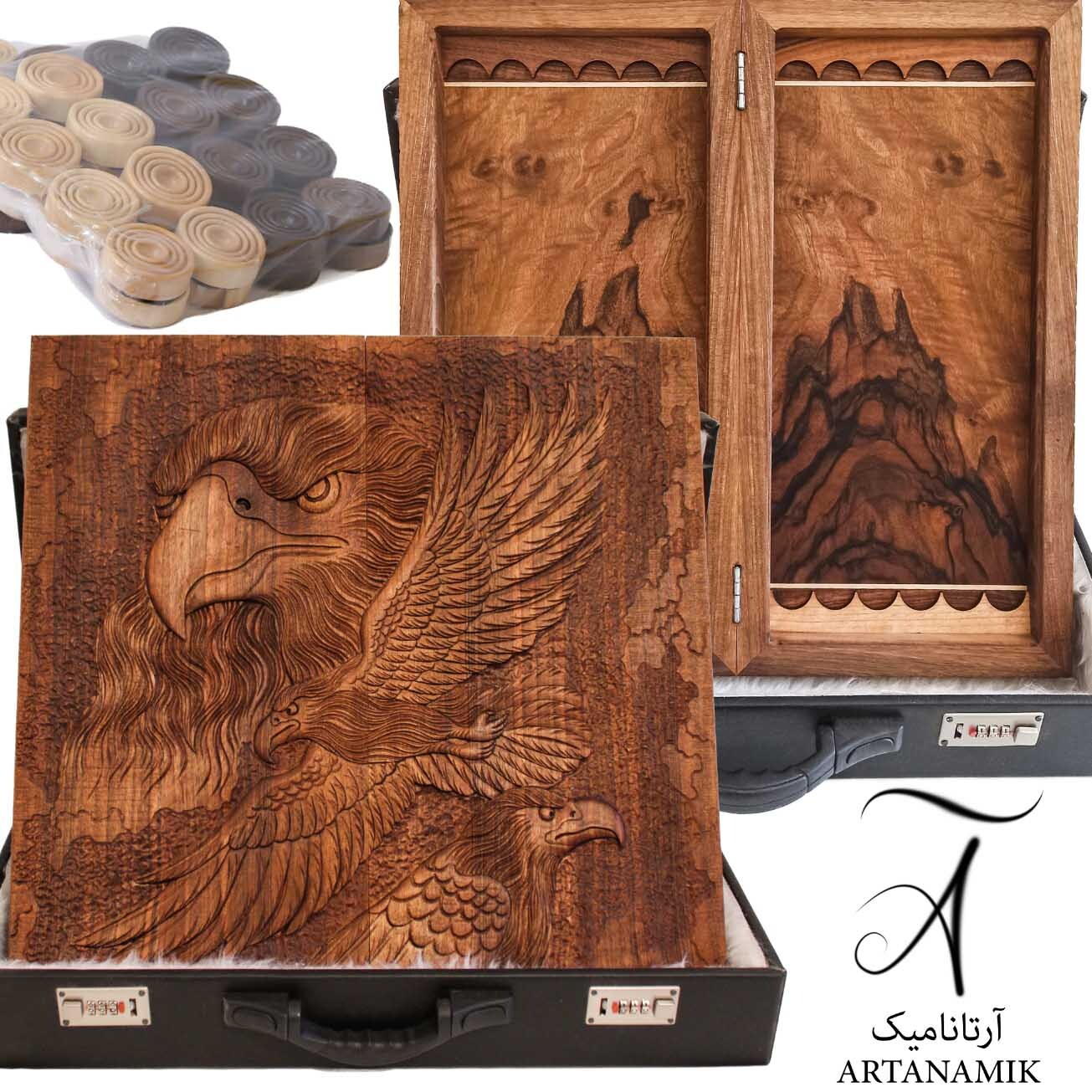  تخته نرد منبت کاری شده چوب گردو طرح سه عقاب داخل ریشه 