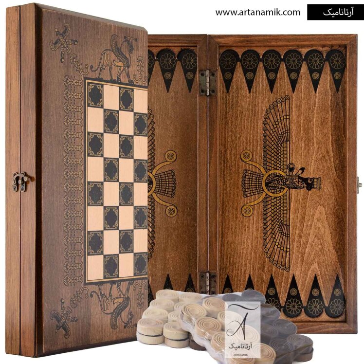 تخته نرد و شطرنج روکش ملچ طرح فروهر هخامنشی | آرتانامیک