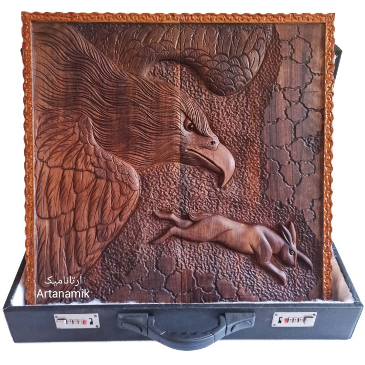 تخته نرد منبت کاری طرح شکار، تخته نرد کادویی و تخته نرد نفیس روی چوب گردو