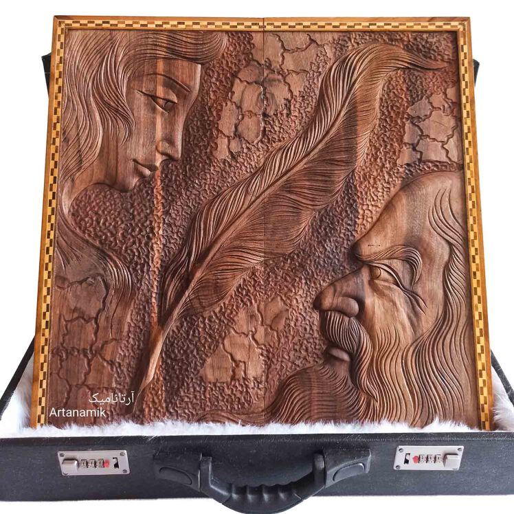 تخته نرد منبت کاری طرح شاعر و معشوق، تخته نرد کادویی و تخته نرد نفیس روی چوب گردو