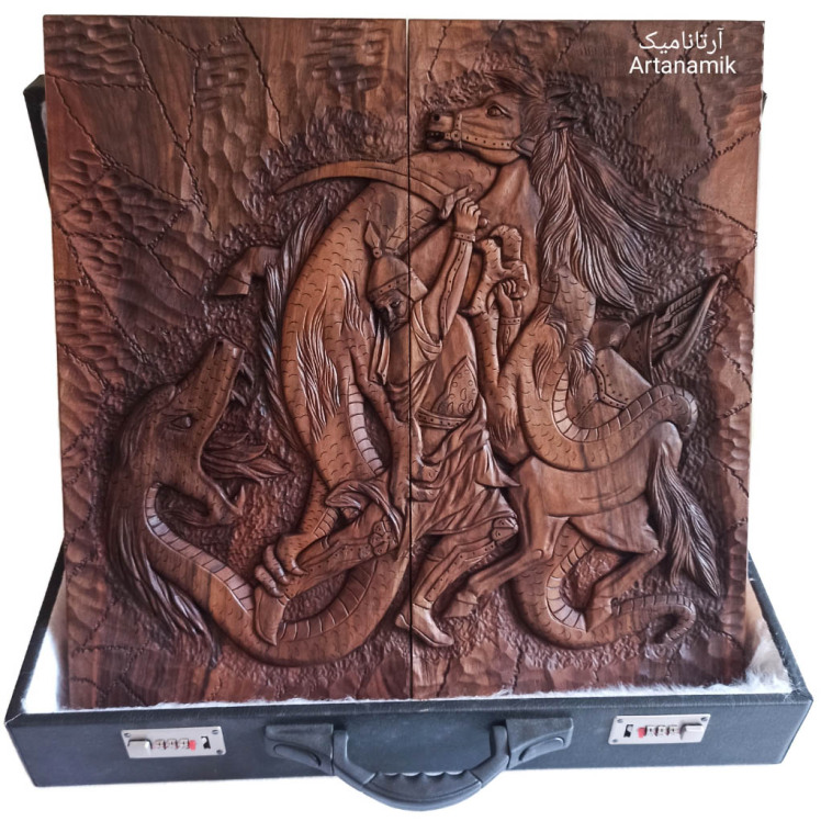 تخته نرد منبت طرح نبرد رستم، تخته نرد کادویی و تخته نرد نفیس روی چوب گردو