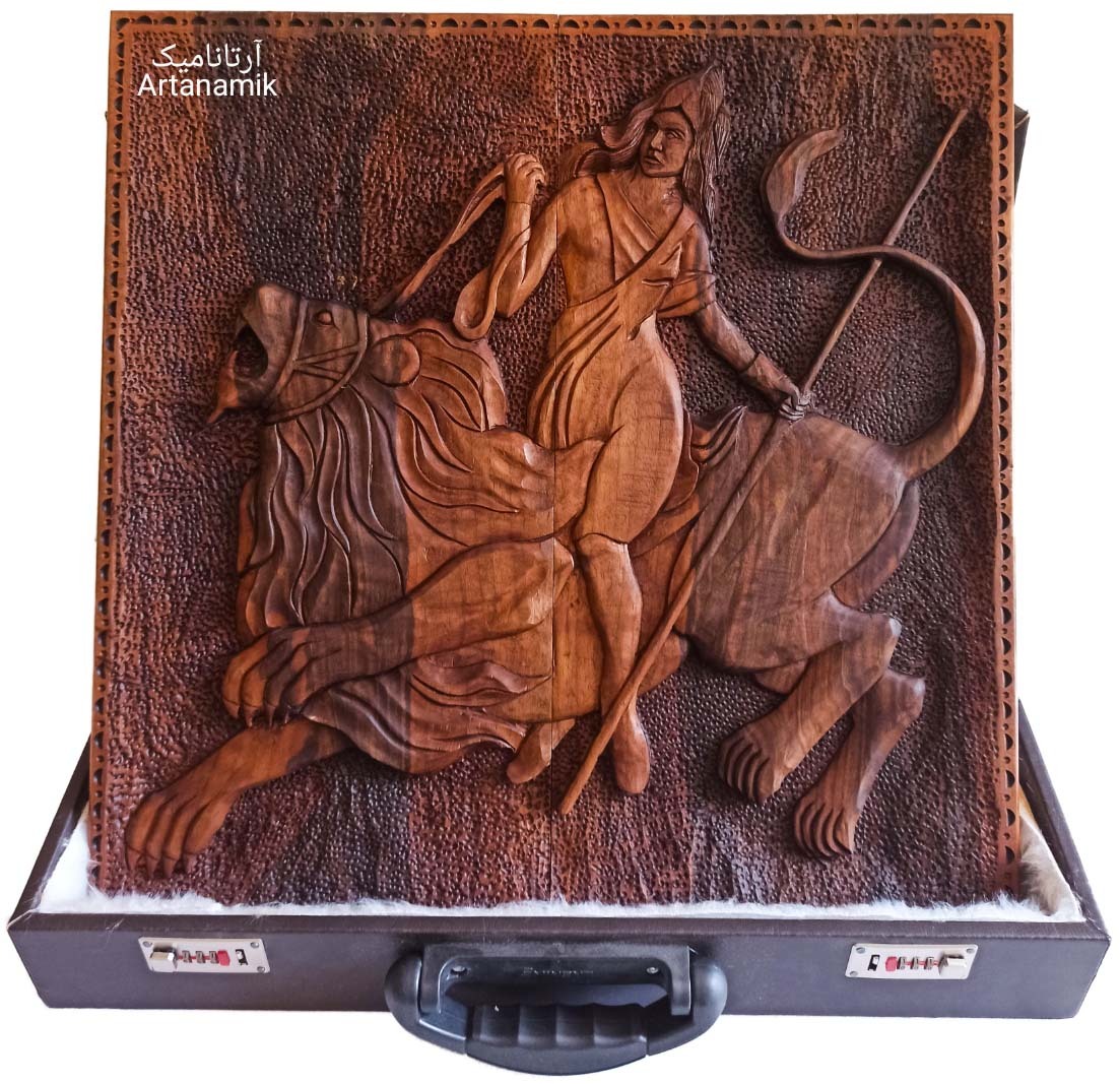  تخته نرد منبت کاری شده چوب گردو نفیس طرح شیر سوار 60 سانت 