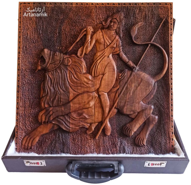 تخته نرد منبت کاری شده چوب گردو نفیس طرح شیر سوار 60 سانت