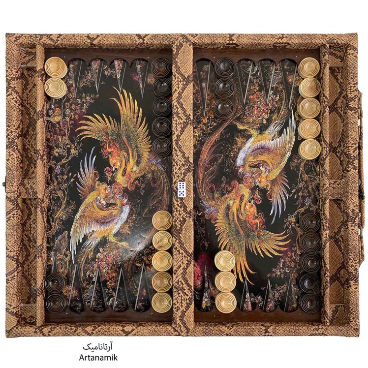 تخته نرد چرم طلایی طرح سیمرغ | فروشگاه آرتانامیک