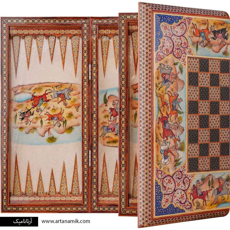 تخته نرد خاتم کاری شده و مینیاتور طرح شکار | آرتانامیک