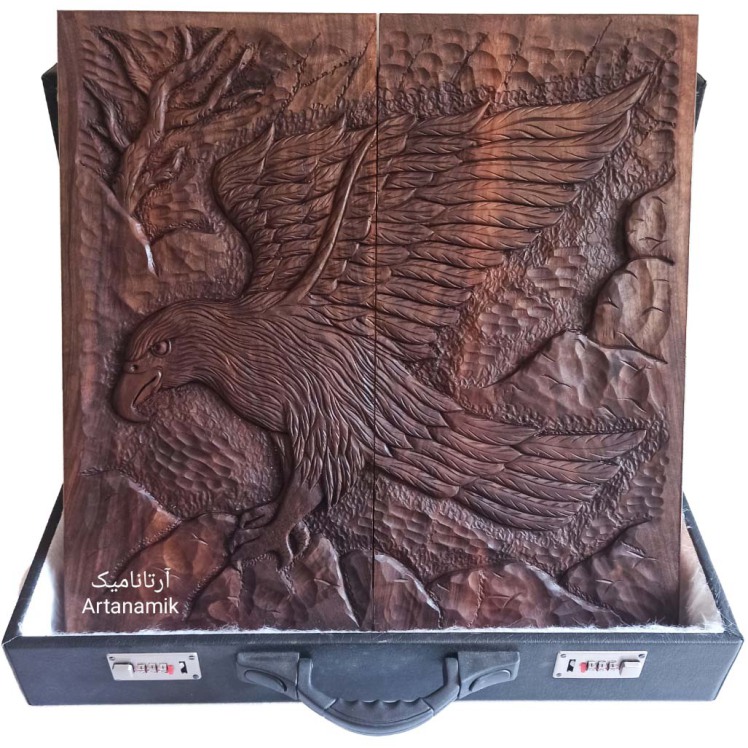 تخته نرد منبت کاری طرح عقاب و کوه، تخته نرد کادویی و تخته نرد نفیس روی چوب گردو