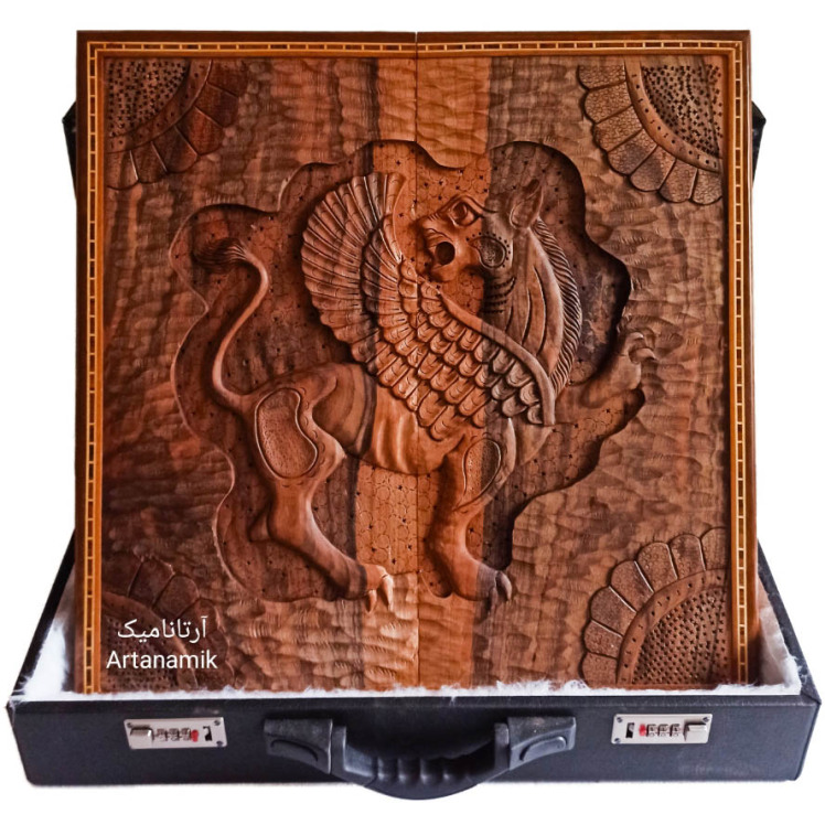 تخته نرد منبت کاری طرح مهر کوروش هخامنشی ، تخته نرد کادویی روی چوب گردو