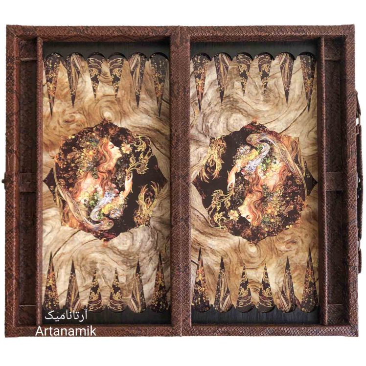 تخته نرد چرمی طرح بانو و سیمرغ قهوه ای همراه با جای مهره