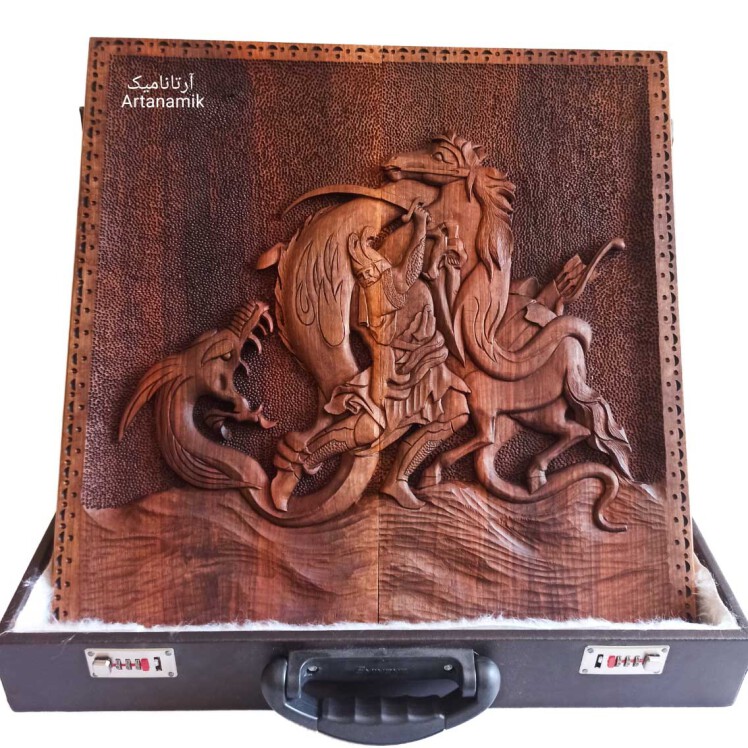 تخته نرد منبت کاری طرح رستم و اژدها، تخته نرد کادویی و تخته نرد نفیس روی چوب گردو