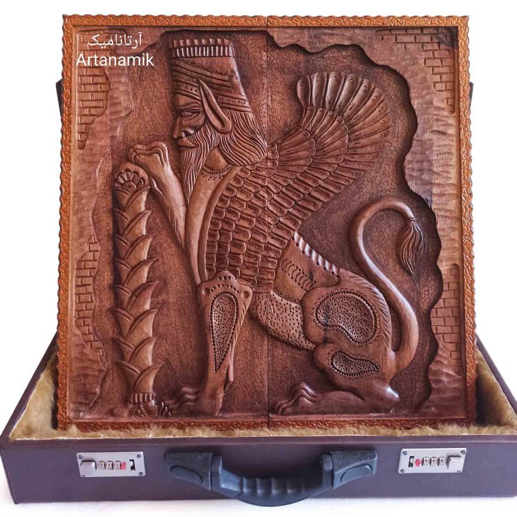 خرید تخته نرد منبت کاری شیر بالدار، تخته نرد کادویی و تخته نرد نفیس روی چوب گردو