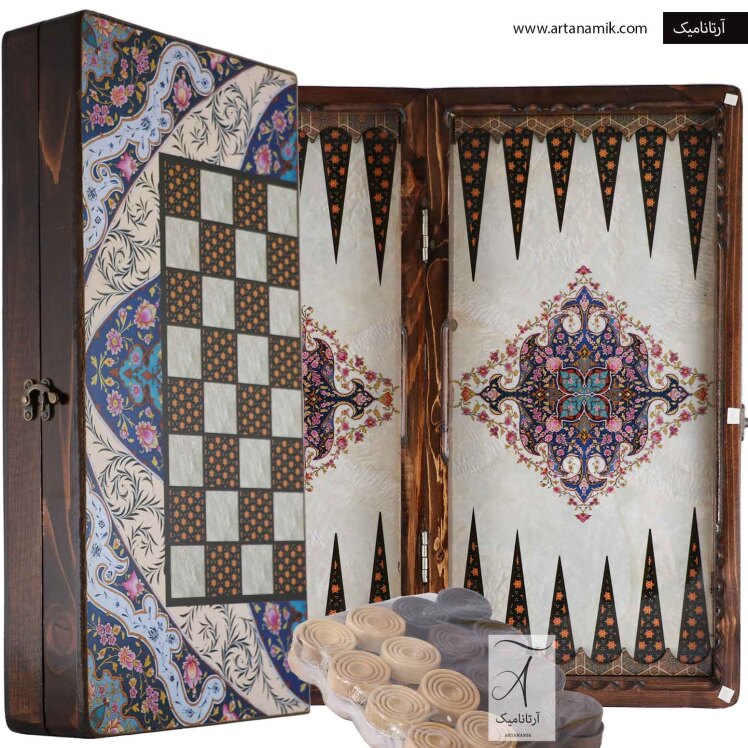 تخته نرد و شطرنج کلاف چوب روس طرح خاتم صدفی