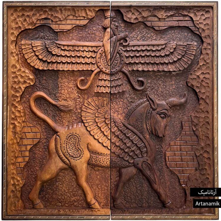 تخته نرد منبت کاری شده چوب گردو طرح فروهر و گاو بالدار