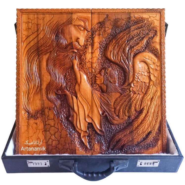 تخته نرد منبت کاری طرح آدم و فرشته، تخته نرد کادویی و تخته نرد نفیس ساخته شده از چوب گردو