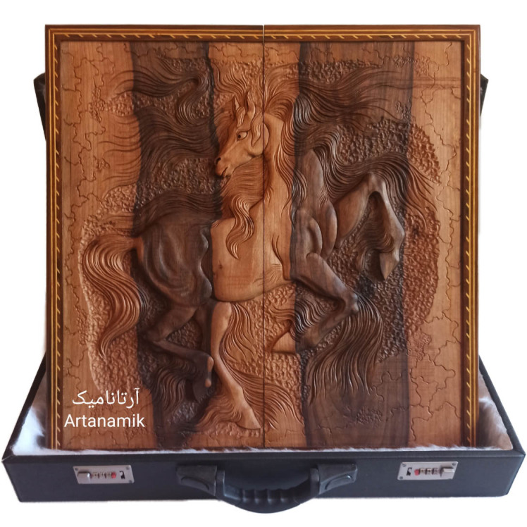 تخته نرد منبت کاری طرح اسب مینیاتوری، تخته نرد کادویی و تخته نرد نفیس روی چوب گردو