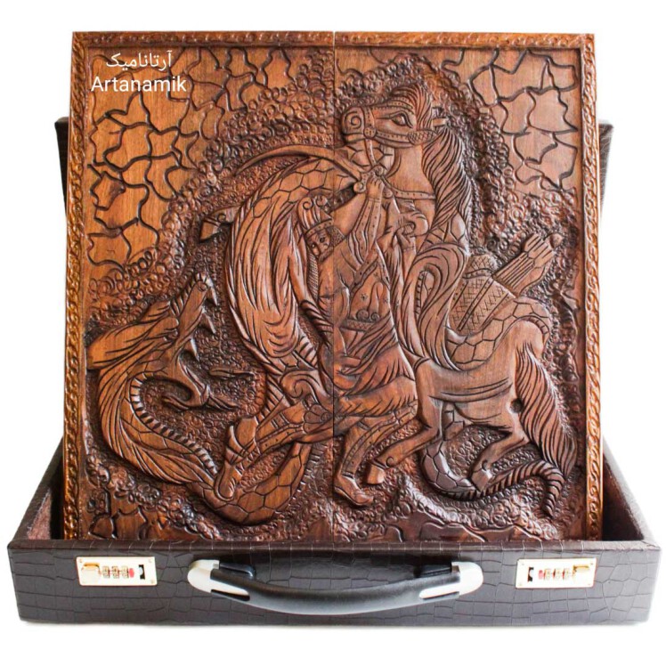 تخته نرد منبت چوب گردو طرح رستم و اژدها | آرتانامیک