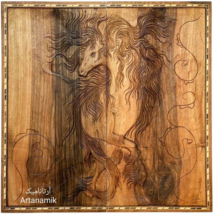 تخته نرد منبت کاری شده طرح اسب مینیاتور چوب گردو