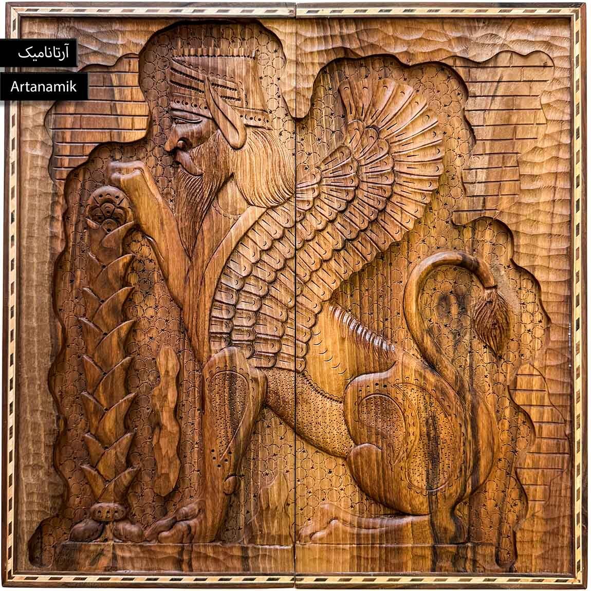  تخته نرد منبت کاری شده چوب گردو طرح شیر بالدار 