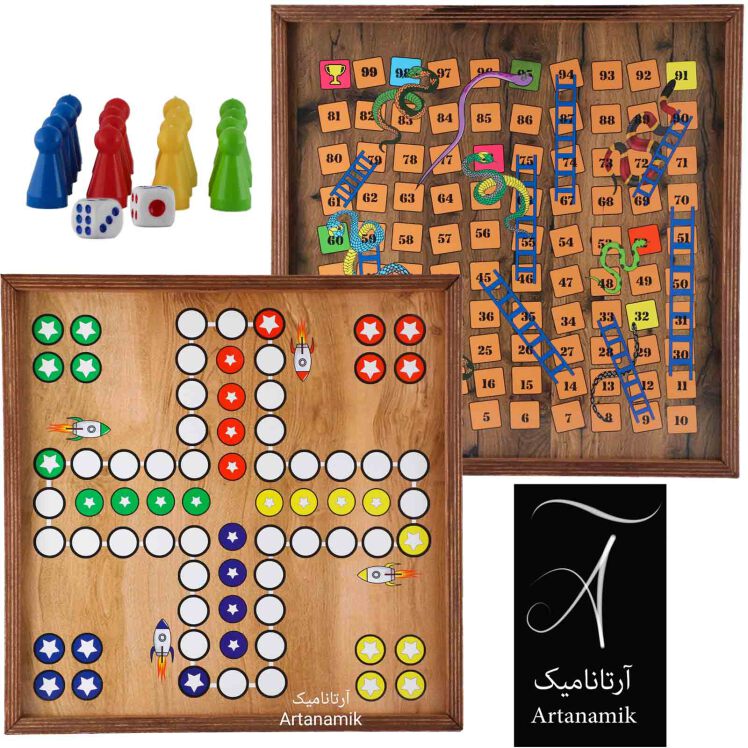 خرید منچ و مارپله چوبی همراه با مهره و تاس، منچ کادویی