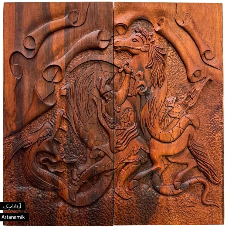 تخته نرد منبت کاری شده چوب گردو طرح رستم و اژدها