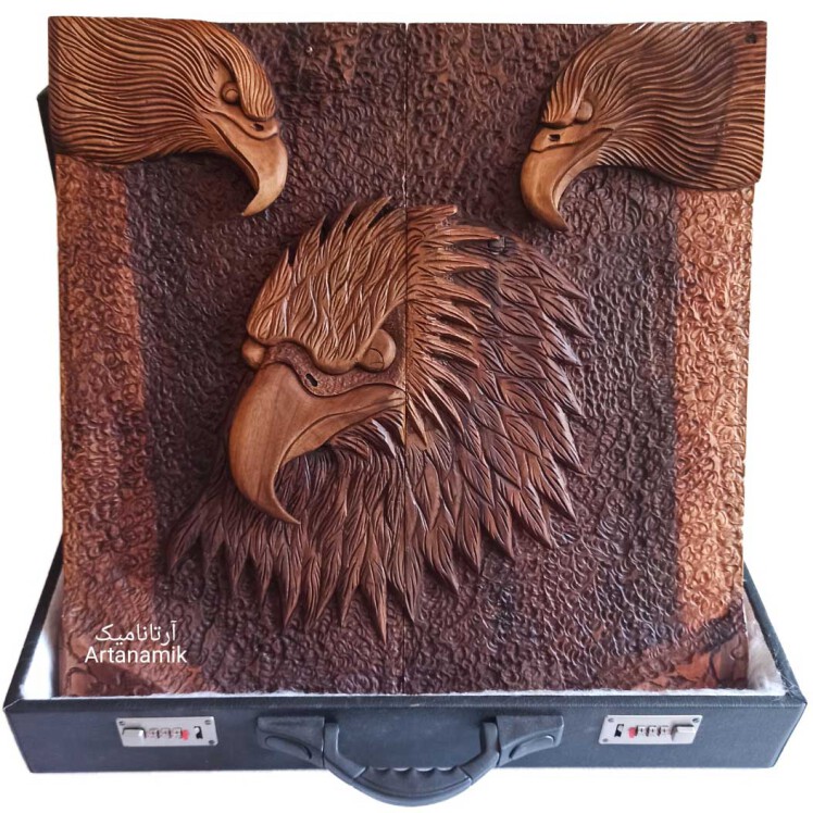 تخته نرد منبت کاری طرح سه عقاب، تخته نرد کادویی و تخته نرد نفیس روی چوب گردو
