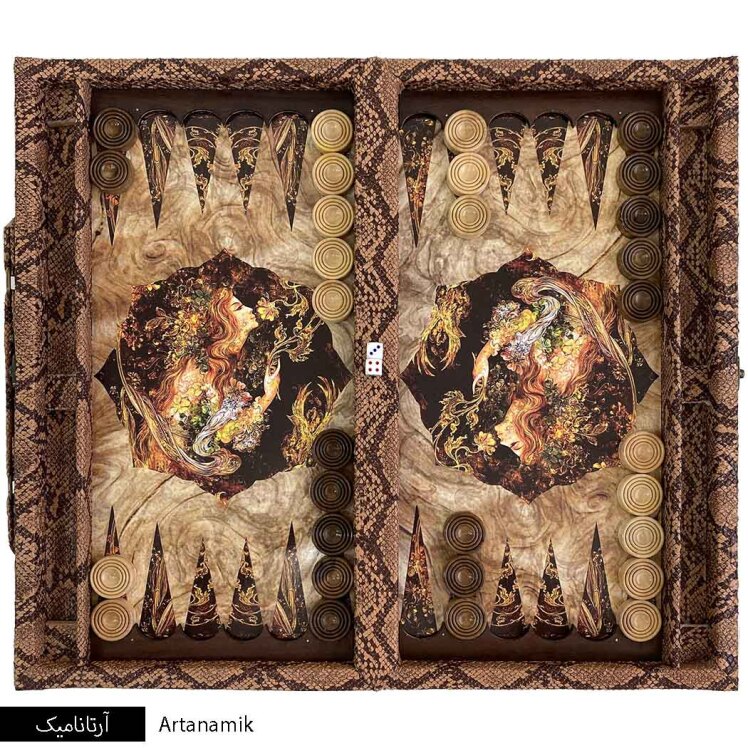 تخته نرد چرمی طرح لیلی و سیمرغ طلایی | آرتانامیک