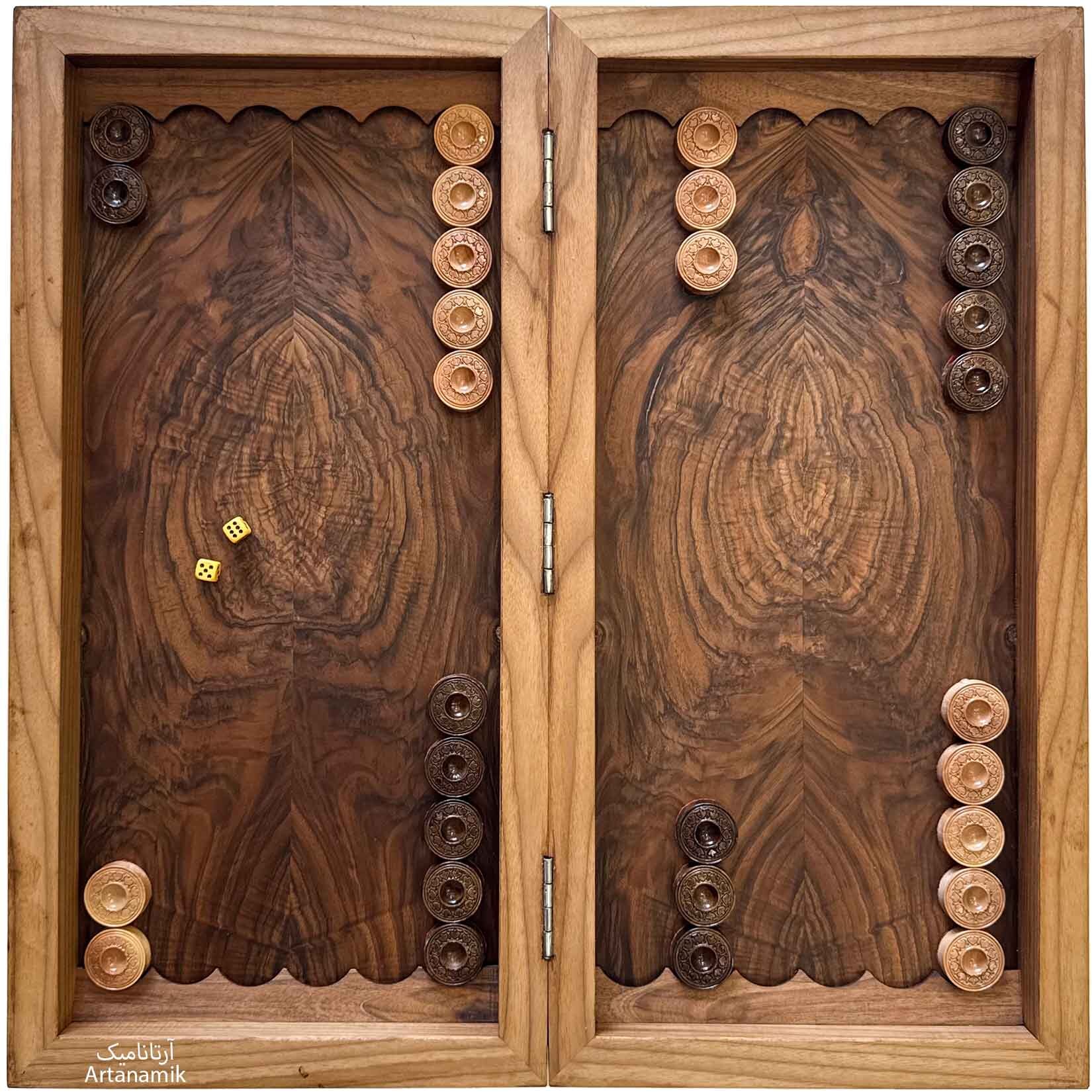  تخه نرد چوب گردو داخل ریشه گردو به همراه مهره و تاس 